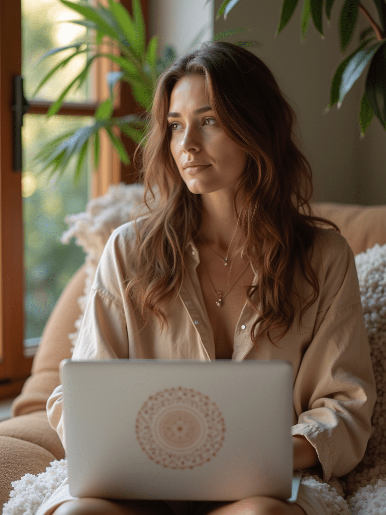Junge spirituelle Frau sitzt am Laptop