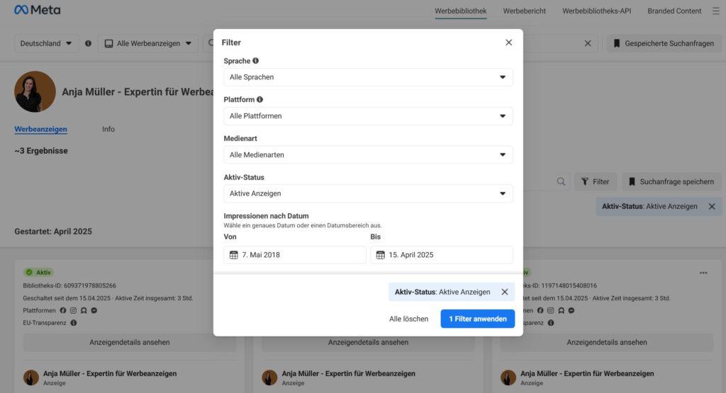 Facebook Werbebibliothek Filterfunktion